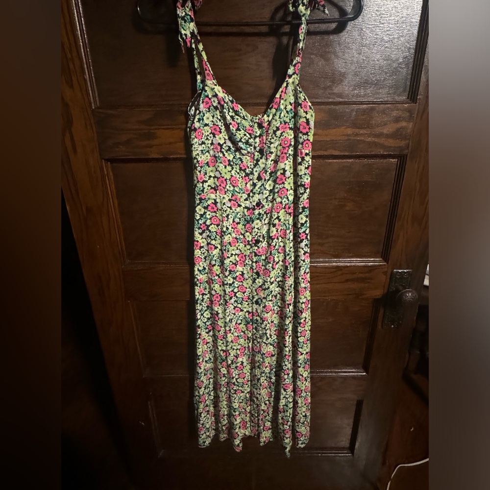 Zara Multicolored Floral Print Bow Detail Midi Front Slit Dress Size XS